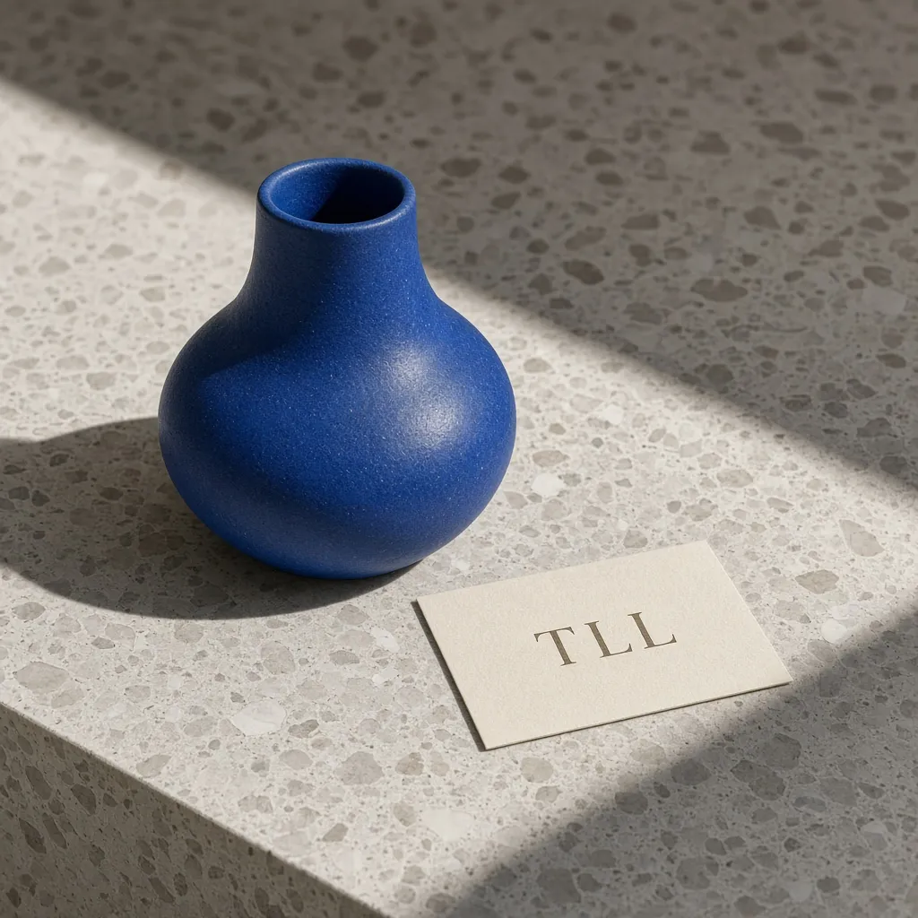 Cobalt vessel on terrazzo. No model, no interior catalog guest.